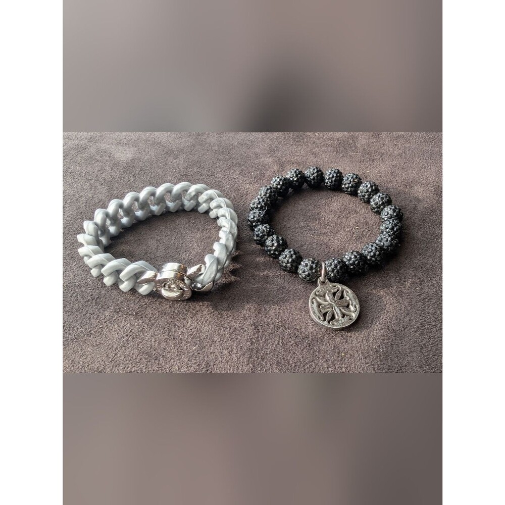 Rustic Cuff Black And Gray Bracelet Set with Silver Accents